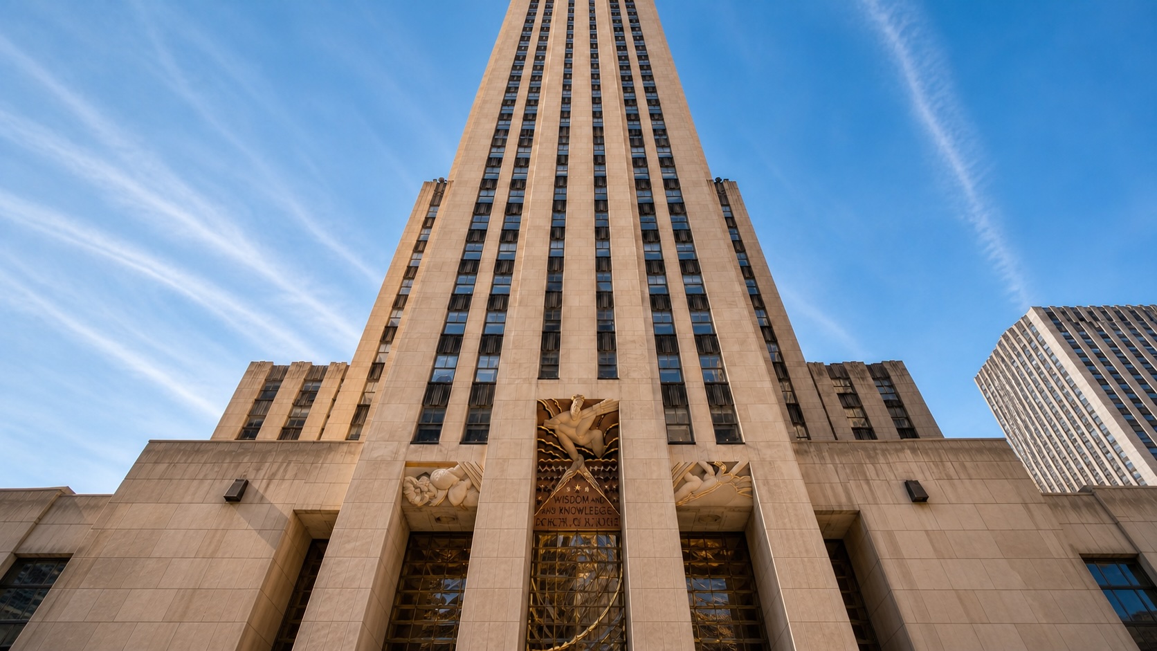 Looking up the Art Deco face of 30 Rockefeller Plaza against a blue sky